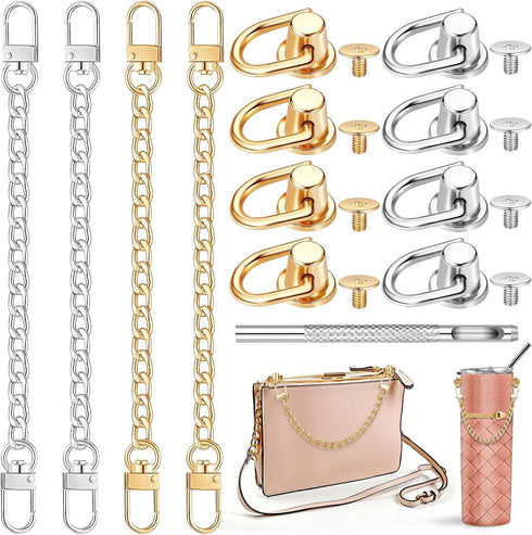 4 Pcs Purse Chain Strap Extender 7.9 Inch Purse Chain and 8 Pcs Studs Rivets D Ring, Flat Purse Strap Extender with Post Head Buttons Bag Making S...