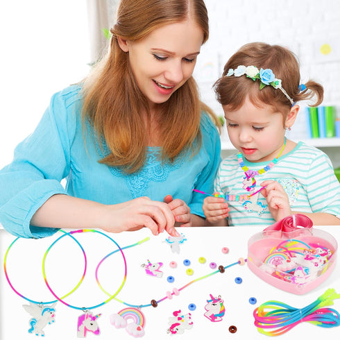 FLYINGSEEDS Unicorn Jewelry Making Kit, 5 Rubber Necklaces and Charms with 100 Big Holes Beads Toy Set, Beading Arts and Crafts, Ideal Gifts for G...