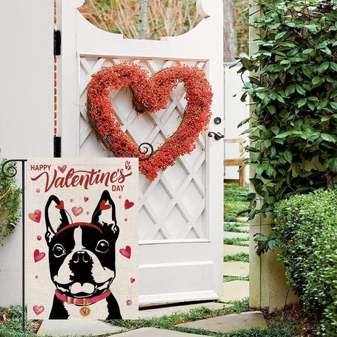 Valentines Day Garden Flag Valentine Boston Terrier Dog Flags for Outside Love Heart Anniversary Wedding Party Home Burlap Double Sided Yard Outdo...