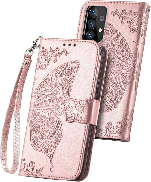 Wallet Case for Galaxy A52 4G/5G,PU Leather Flip Case Cover with Wrist Strap Cash Credit Card Slots Holder Pocket Emboss Butterfly Flower Protecti...