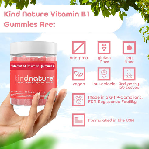 Kind Nature Vitamin B1 Gummies - Chewable Thiamine 500mg per Serving - Non GMO, Vegan, Natural Strawberry Flavor Thiamine B1 Supplement for Adults...
