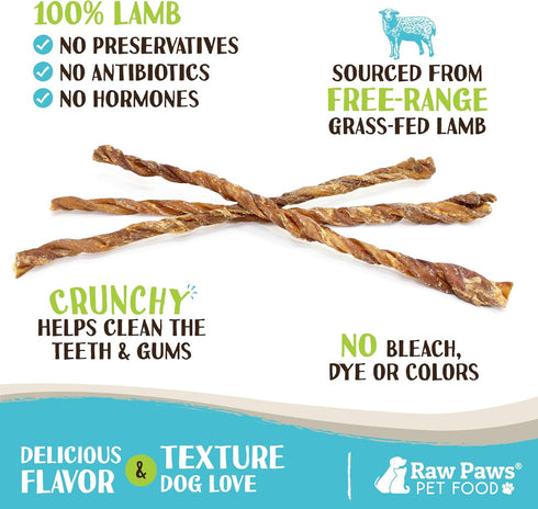 Raw Paws Lamb Esophagus Twists for Dogs, 12 inch, 5-ct - Packed in USA - Lamb Weasand Twist - Natural Dog Lamb Treats from Free-Range Sheep - Lamb...