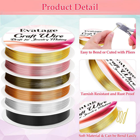 20 Gauge Jewelry Wire for Jewelry Making, Evatage 6 Rolls Craft Wire Tarnish Resistant Copper Beading Wire for Jewelry Making Supplies and Crafts...