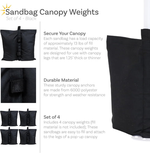 Sunnydaze Polyester Sandbag Canopy Weights - Fillable Canopy Anchors - Easy to Attach - Set of 4 - Black...