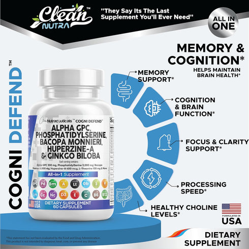 Clean Nutraceuticals Alpha GPC Choline 300mg Phosphatidylserine 3000mg Bacopa Monnieri 6000mg Ginkgo Biloba 2000mg Huperzine A 400mcg Supplement w...