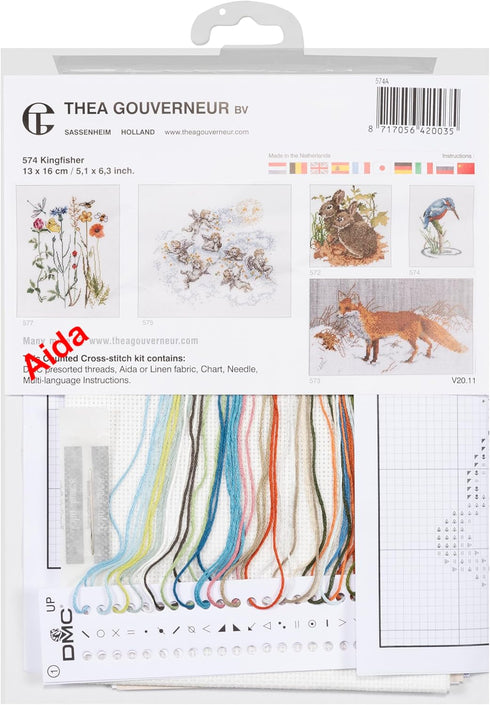 Thea Gouverneur - Counted Cross Stitch Kit - Kingfisher - Aida - 14 count - Embroidery Kit for Adults - DMC Embroidery Threads and other Cross Sti...