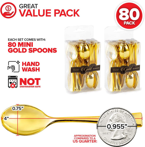 Gold Plastic Mini Spoons Disposable, 4 inch (80 Pack) Tasting Spoon, Dessert Mini spoon for Ice Cream Taster, Small Sample Desserts, Gelato Sampli...