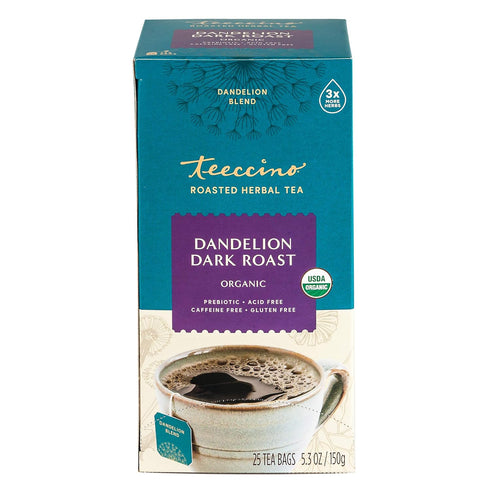 Teeccino Dandelion Herbal Tea - Dark Roast - 25 Tea Bags - Caffeine Free, Prebiotic, Gluten Free, 3x More Herbs...