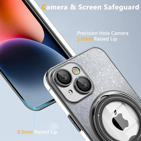 for iPhone 15 Plus Case Glitter with Rotatable Ring Stand Compatible with MagSafe, Plating Bling Clear Case with Camera Lens Protector Slim Phone ...