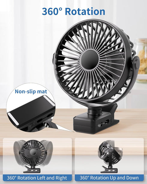 Portable Clip on Fan, Small Powerful Wind Cooling Desk Fan, 3 Speed Quiet Personal Fan with Clip, 360° Rotatable Battery Operated Rechargeable Min...