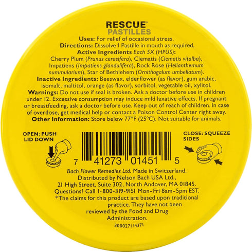 Bach RESCUE PASTILLES, Orange and Elderflower Flavor, Natural Stress Relief Lozenges, Homeopathic Flower Essence, Vegetarian, Gluten & Sugar-Free,...