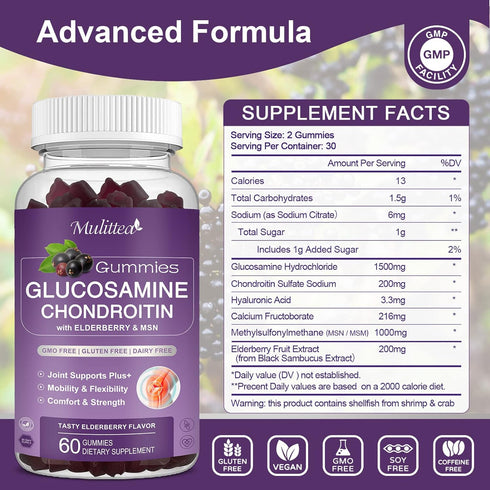 Glucosamine Chondroitin Gummies - Extra Strength Joint Support Supplement with MSM & Elderberry for Natural Joint, Antioxidant Immune Support for ...