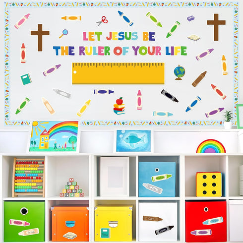 Back to School Religious Bulletin Board - 107Pcs Let Jesus Be The Ruler of Your Life Christian Bulletin Board Classroom Decoration Crayon Cutouts ...