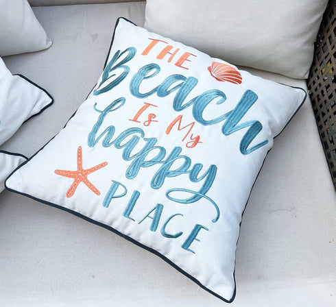 Embroidered The Beach is My Happy Place Throw Pillow Cover,Square 18 inches Decorative Canvas Pillow Cover with The Beach is My Happy Place Patter...