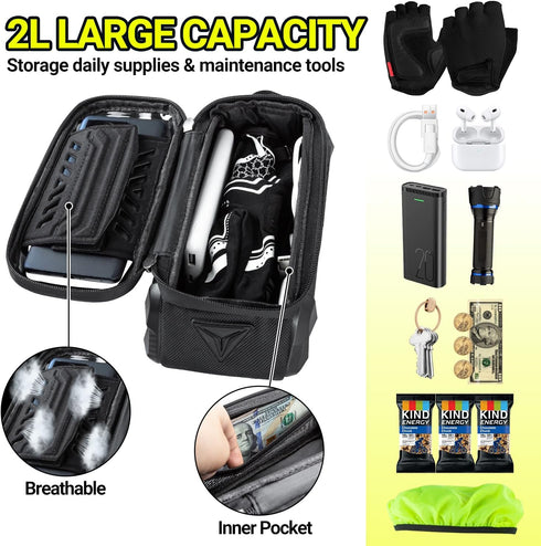 Bike Bag,Waterproof Top Tube Bike Phone Bag With Rain Cover,Front Frame Bag 2L Large Capacity Handlebar Bag Bicycle Bag Bike Accessories Compatibl...