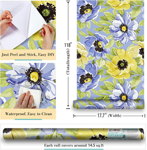 5445 Floral Peel and Stick Wallpaper 17.7" x 9.8ft Daisy Flower Contact Paper Self Adhesive Removable Furniture Vinyl Decorative Film for Home Dec...