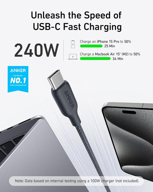 Anker USB C to USB C Cable (240W,10ft), Bio-Braided USB C Charger Cable Fast Charge for iPhone15/15Pro/15Plus/15ProMax, iPad Pro 2020, iPad Air 4,...