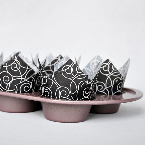 Muffin Greaseproof paper Baking cupcake cups, 2"(Bottom diameter) x 3-1/2"(Height) Black Fancy Floral Print Tulip Baking Cup Case of 125 pcs (125,...