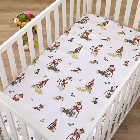 Disney Vintage Bambi - Tan, Green and White, Bambi and Thumper Floral Nursery Polyester Fitted Crib Sheet...