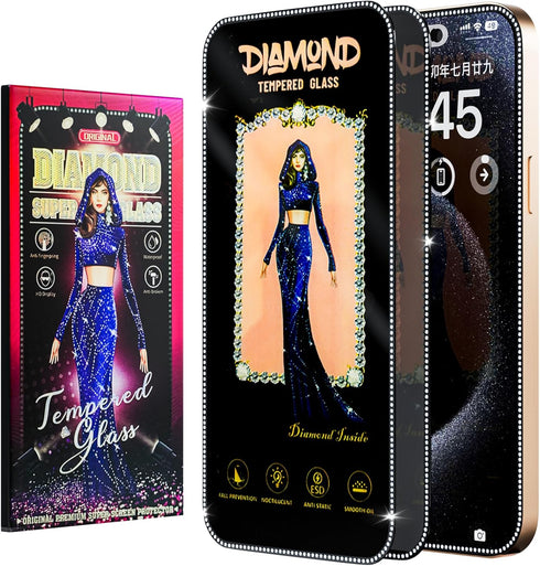2024 Fashion iPhone 15/14pro Screen Protector, 2Pack Cute Tempered-Glass Film with Diamond For iPhone 15, Full-Coverage Protection, Best Gift Scra...