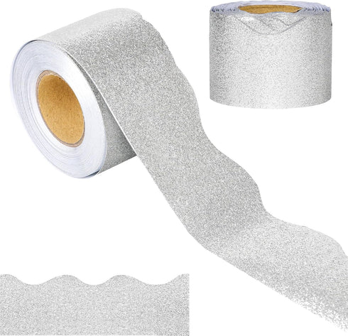 65 Feet Sliver Glitter Bulletin Board Borders Scalloped Borders Bulletin Board Border Shiny Decorative Bulletin Board Trim Classroom Decoration fo...