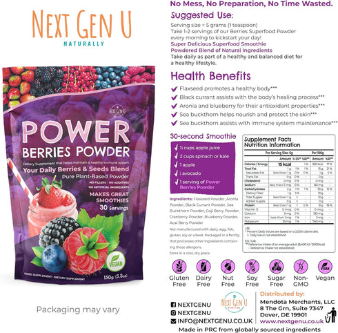 Next Gen U Super Berry Powder 150g, Immune Support Food Supplement, Superfood Berries Smoothie Mix for Shakes, Detox & Healthy Boost for Juice Bev...