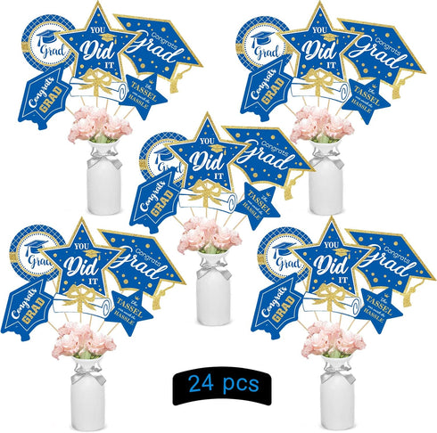 Blue and Gold Graduation Decorations Set of 24 Class of 2025 Table Decor Congrats Grad Party Centerpiece Sticks Table Toppers Graduation Party Sup...