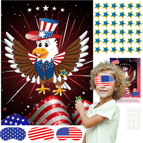ASTARON Pin The Star on The Eagle Patriotic Party Game 4th of July Independence Day Party Activities Game, Poster with 36 Stickers & 3 blindfolds ...
