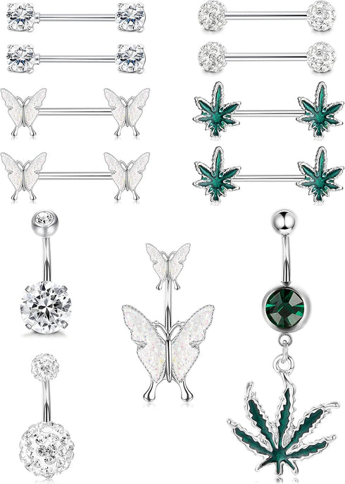 Sanfenly 14G Nipple Rings Belly Button Rings for Women 316L Surgical Steel Curved Navel Barbell CZ Weed Butterfly Tongue Rings Belly Nipple Pierci...