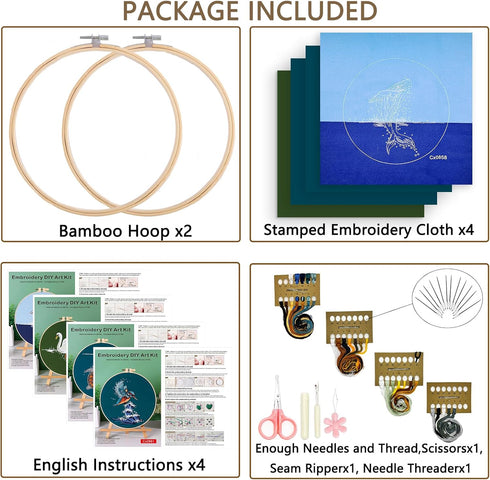 Embroidery Kit for Beginners with Animal Pattern and Instructions,4 Pack Cross Stitch Kits,2 Wooden Embroidery Hoops,Threads and Needles,Needlepoi...
