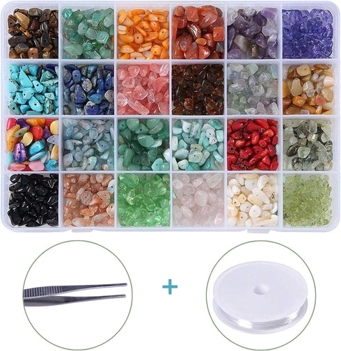 1500PCS Stone Beads, Crystal Beads Ring Making Kit Gemstone Beads Set 24 Styles Crystal Pieces for Jewelry Making Crushed Chunked for DIY Crafts f...
