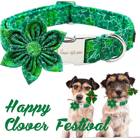 Unique style paws St. Patrick's Day Dog Collar with Flower Green Clover Pet Collar for Small Medium Large Boys Girls Dogs-L...