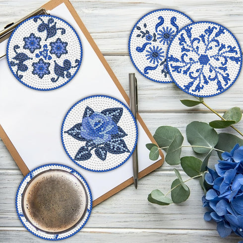 6Pcs 5D Diamond Painting Coasters with Holder, DIY Blue Coasters for Drinks Coffee Table, Diamond Arts Painting Kits for Beginners, Adults & Kids,...