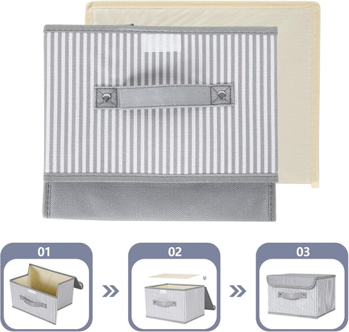 Small Fabric Storage Bin with Lid & Handle Foldable Cotton Linen Storage Basket Rectangular Cube Box Decorative Lidded Home Organizer Clothes Blan...