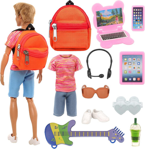 11 PCS Doll Travel Playset for Boy Doll 1 Outfit 1 Backpack 1 Guitar 1 Laptop 1 Cellphone 1 Pad 1 Sunglasses 1 Headset 3 Accessories for 12 Inch B...