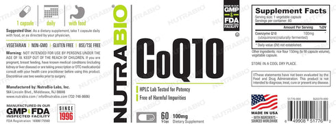 NutraBio CoQ10 Dietary Supplement, Healthy Heart Function & Cellular Energy Production, 100mg - 60 Capsules...