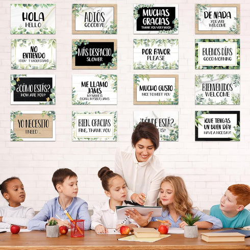 gisgfim 16 Pcs Spanish Words and Phrases Poster Set Spanish Phrases Bulletin Board Study Spanish Classroom Decoration for Teachers Preschool Schoo...