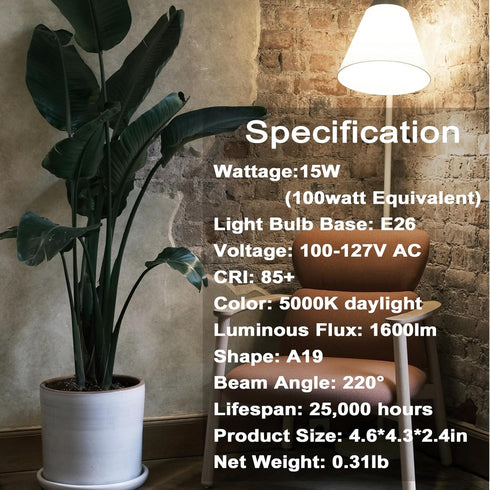 LED Light Bulbs 100 Watt Equivalent A19 LED Bulbs Daylight 5000K, 15W 1600LM Super Bright, E26 Base, Energy Saving Lightbulbs for Living Room Bedr...