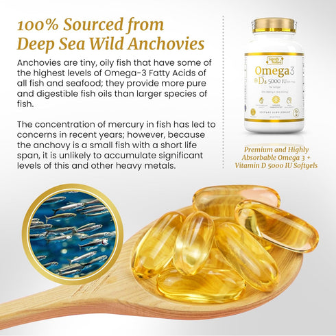 Omega 3 Fish Oil Supplement with Vitamin D3 5000 IU - 1000mg Triglyceride Capsules for Brain Health - Optimal Ratio EPA DHA Omega-3 Fish Oils Vita...