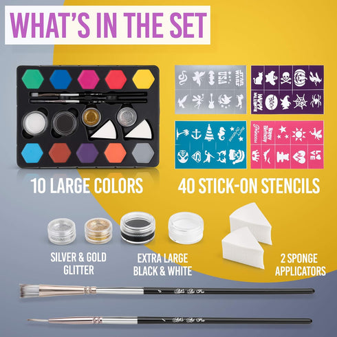 Face Painting Kit for Kids Party - 20 Water-Based Non-Toxic Sensitive Skin Paints, 3 Glitters, 2 Hair Chalks, Combs, 3 Paint Brushes, 40 Stencils,...