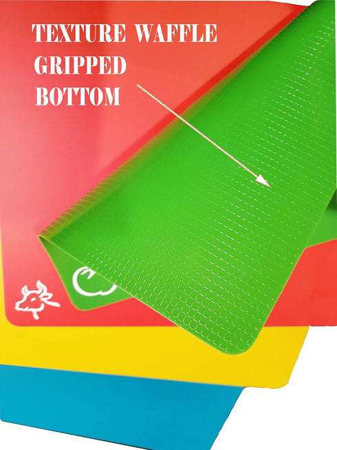 Flexible Plastic Cutting Board Mats with Food Icons &"EZ-Grip" Waffle Back, (set of 4), For Kitchen & Bar…...