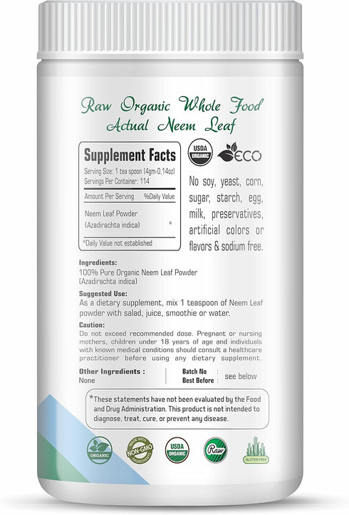 Organic Aura Neem Leaf Powder (Azadirachta Indica). 100% Pure Neem, Raw and Green. USDA Certified Organic Neem for Immune Support, Skin, and Hair....