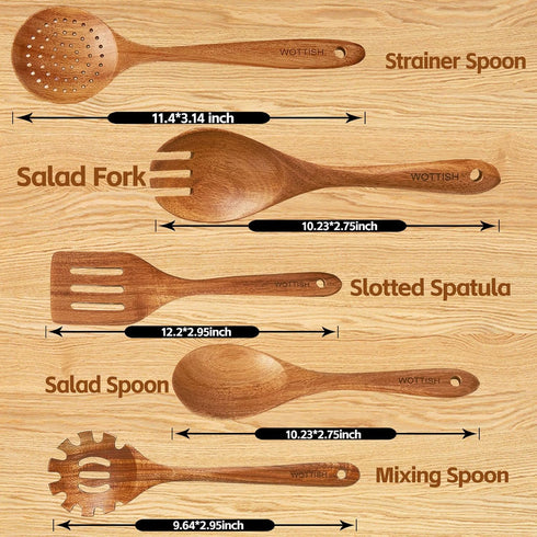 Wooden Spoons for Cooking - 5-Piece Wooden Kitchen Utensil Set made of Natural Solid Wood Material - Includes Salad Spoons, Strainer Spoon, Salad ...
