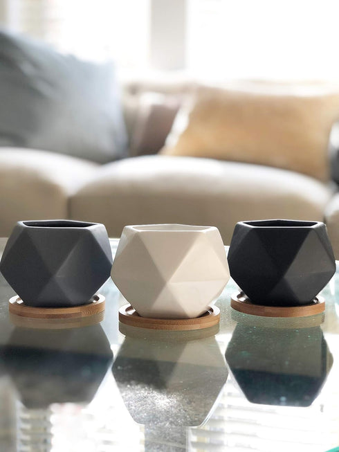 Modern Geometric Ceramic Succulent Pots 3" Planters with Drainage | Bamboo Tray | 3 Pack...