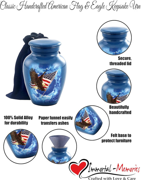 American Glory Keepsake Urn - American Flag with Eagle Mini Urn for Ashes - Token Urn - Patriotic Mini Jar - American Flag Soaring Eagle Sharing U...