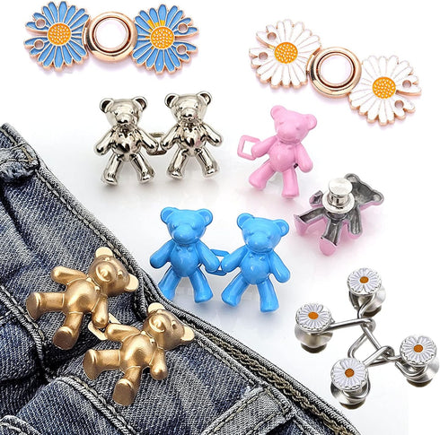 Bear Jean Buttons Pins, 17 Pair Adjustable Flower Bear Jean Button Pin Pant Waist Tightener Jean Tightener Bear Jeans Buttons Waist Tightener Clip...