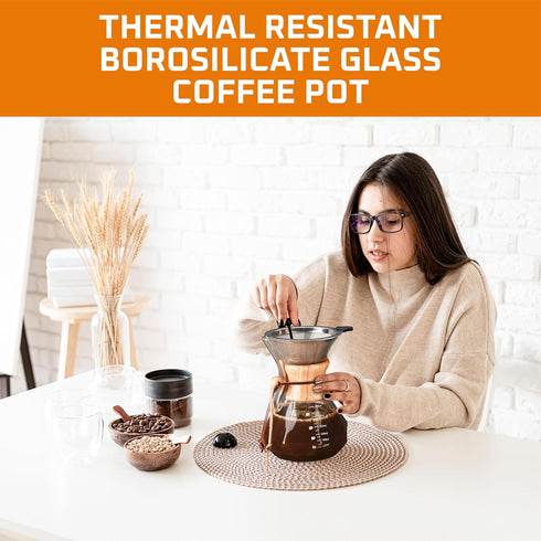 Bruntmor Pour Over Coffee Maker Dripper - Coffee Pot with Double-Layer Stainless Steel Coffee Filter - Portable Coffee Maker - Heat-Resistant Glas...
