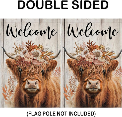 Welcome Fall Garden Flags for Outside Decorations, Thanksgiving Highland Cow with Flowers Maple Leaves Small Yard Flag, Harvest Autumn Seasonal Fa...