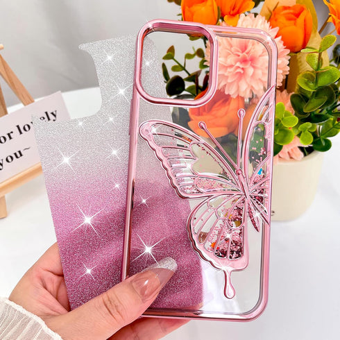 KANGHAR Compatible for iPhone 14 Pro Max Case 6.7 in, Clear Glitter Quicksand 3D Butterfly Bling Case for Women Girls Cute Gradient Sparkle Platin...