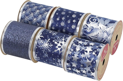 AIMUDI Navy Blue Christmas Ribbon Wired 2.5" Navy Christmas Tree Ribbon 6 Rolls 36 Yards Blue Ribbon for Christmas Tree Garland Blue Silver Wired ...